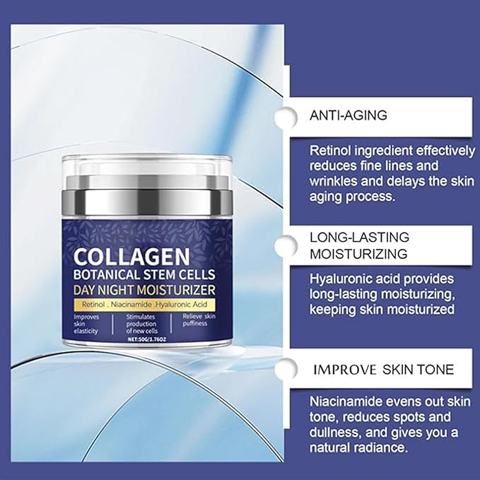 Collagen Face Moisturizer with Airless Pump - Collagen Botanical Stem Cells Cream for Skin with Retinol, Niacinamide, Hyaluronic Acid - Anti-Aging Day & Night Cream, 1.8 OZ