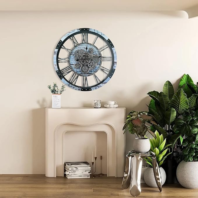 36 Inch Moving Gear Wall Clock, Oversized Wall Clocks, Clock Living Room Decor, Solid Wood Frame, Battery Operated, Large Wall Clock with Steampunk Industrial for Fireplace