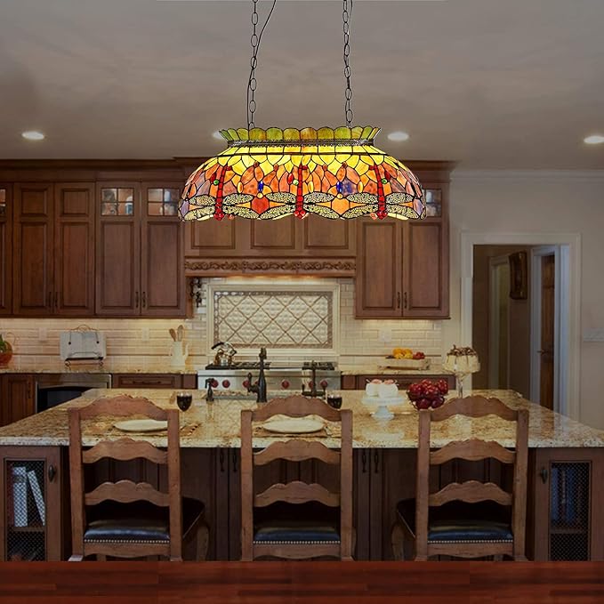 Capulina Tiffany Lamp Stained Glass Pool Table Light Chandelier 3-Light 28 Inches Wide Vintage Red Dragonfly Tiffany Style Pendant Light Decor for Billiards Room Dining Room Kitchen Island Bar