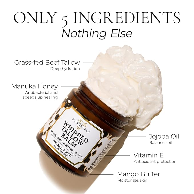 Grass-Fed Whipped Tallow Balm, Face and Body Moisturizer with Manuka Honey, Fragrance Free Tallow Moisturizer for Sensitive Skin, Lightweight Tallow Cream, 3 oz