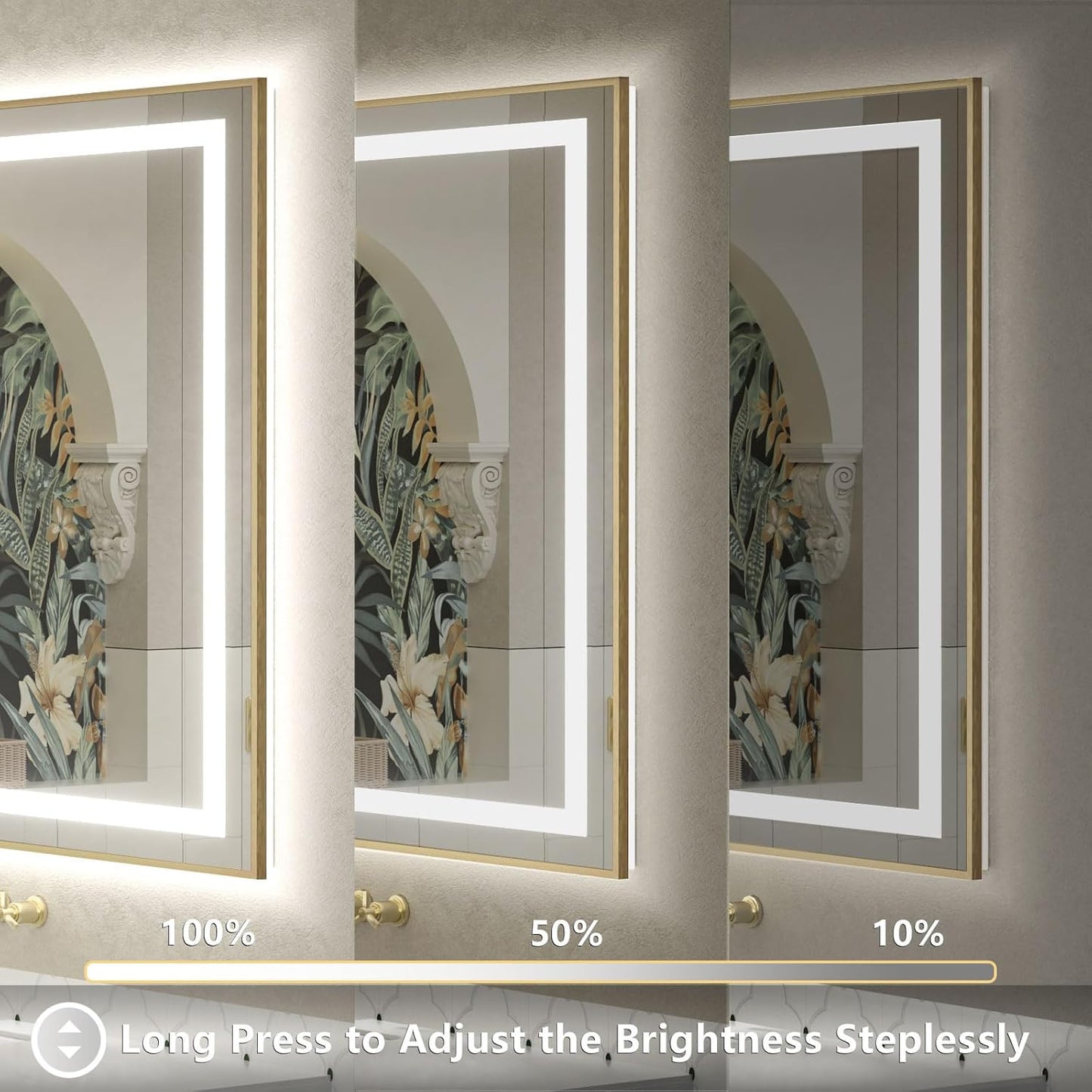 OKPAL 72x40 LED Bathroom Mirror Gold Metal Framed Front & Back Light, Lighted Bathroom Mirror with Lights, Anti-Fog, Dimmable, 3 Colors, Shatterproof, ETL Listed, Horizontal/Vertical