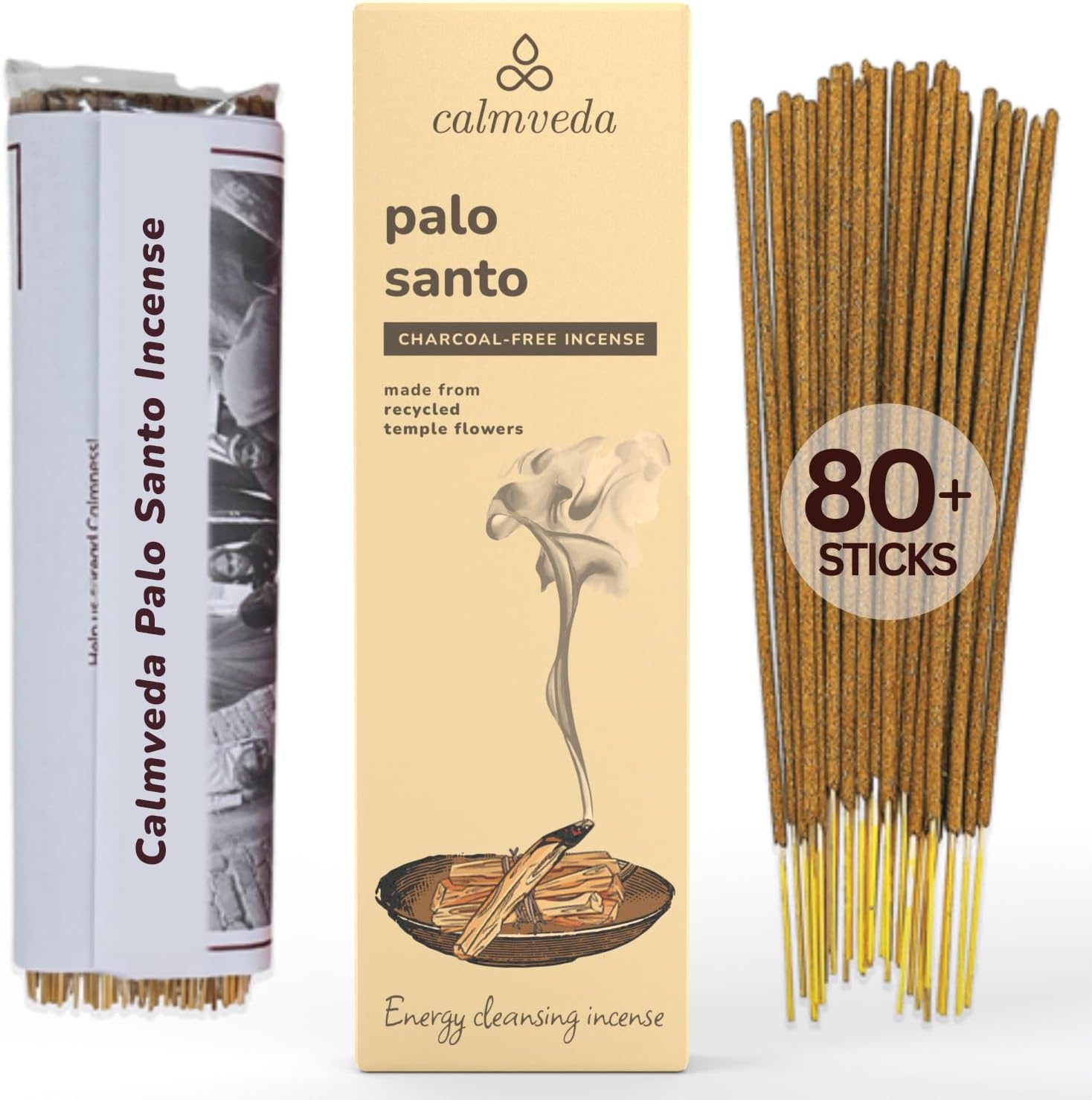 Holy Palo Santo Incense Sticks - 80 Charcoal Free Incense, Made from Upcycled Flowers | Cleansing Incense Sticks Spiritual or Inciensos para Sacar Malas Energias - Glowelle