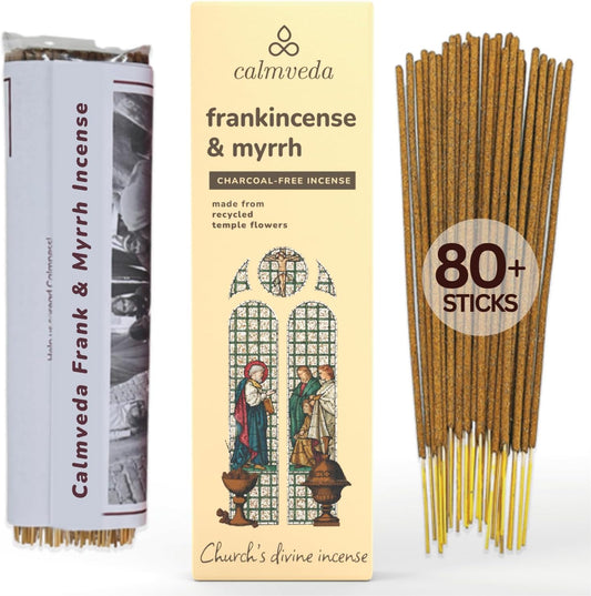 Church Frankincense and Myrrh Incense - (80 Sticks) Charcoal Free Incense, Made from upcycled Flowers | Used as Spiritual Healing Incense in Church (Handmade Olibanum Incense) - Glowelle