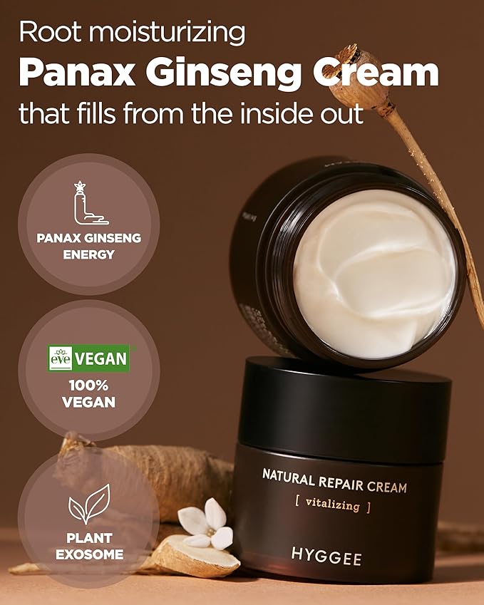 Natural Repair Cream - Vegan Red Ginseng & Peptides Nourishing Moisturizer for Enhanced Elasticity and Vitality - Anti Aging, Firming, Hydrating Face Cream for Rough and Dry Skin, 1.69oz.