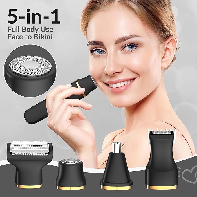 KINGTEE 5-in-1 Electric Bikini Trimmer for Women – IPX7 Waterproof Shaver, Cordless Body & Facial Razors for Women, Ceramic Blades, USB-C Rechargeable, Painless Hair Removal Kit (Black)