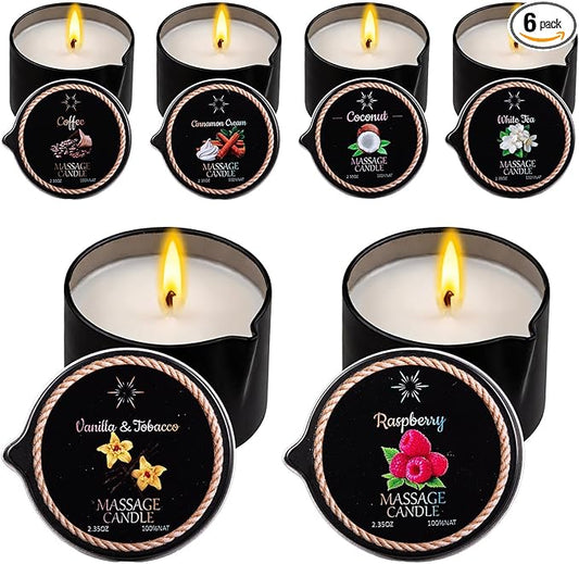 6 Pack Low Temperature Massage Oil Candle Set (2.35 oz Each) - Soy Wax Candles That Melt into Skin-Nourishing Body Oil, 6 Assorted Scents for Home Spa, Massage Therapy, Relaxation, Self-Care & Festive