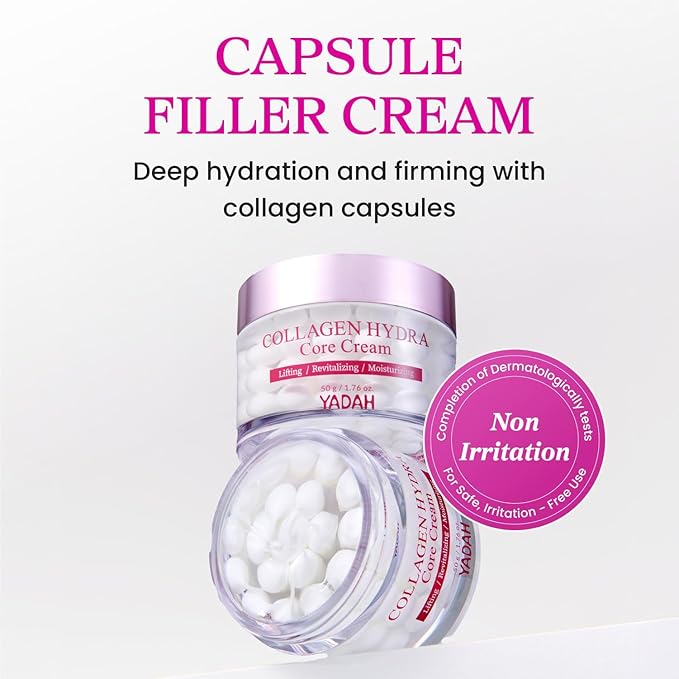 YADAH Collagen Hydra Core Cream – Capsule Filler Cream Moisturizer with 10 Types of Hyaluronic Acids, 1000ppm Low Molecular Collagen & Ceramide, Deep Hydration for Sensitive Skin, 1.76 oz
