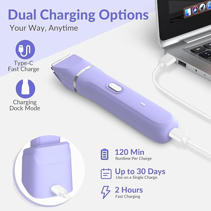 KINGTEE 5-in-1 Electric Bikini Trimmer for Women – IPX7 Waterproof Shaver, Cordless Body & Facial Razors for Women, Ceramic Blades, USB-C Rechargeable, Painless Hair Removal Kit (Purple)