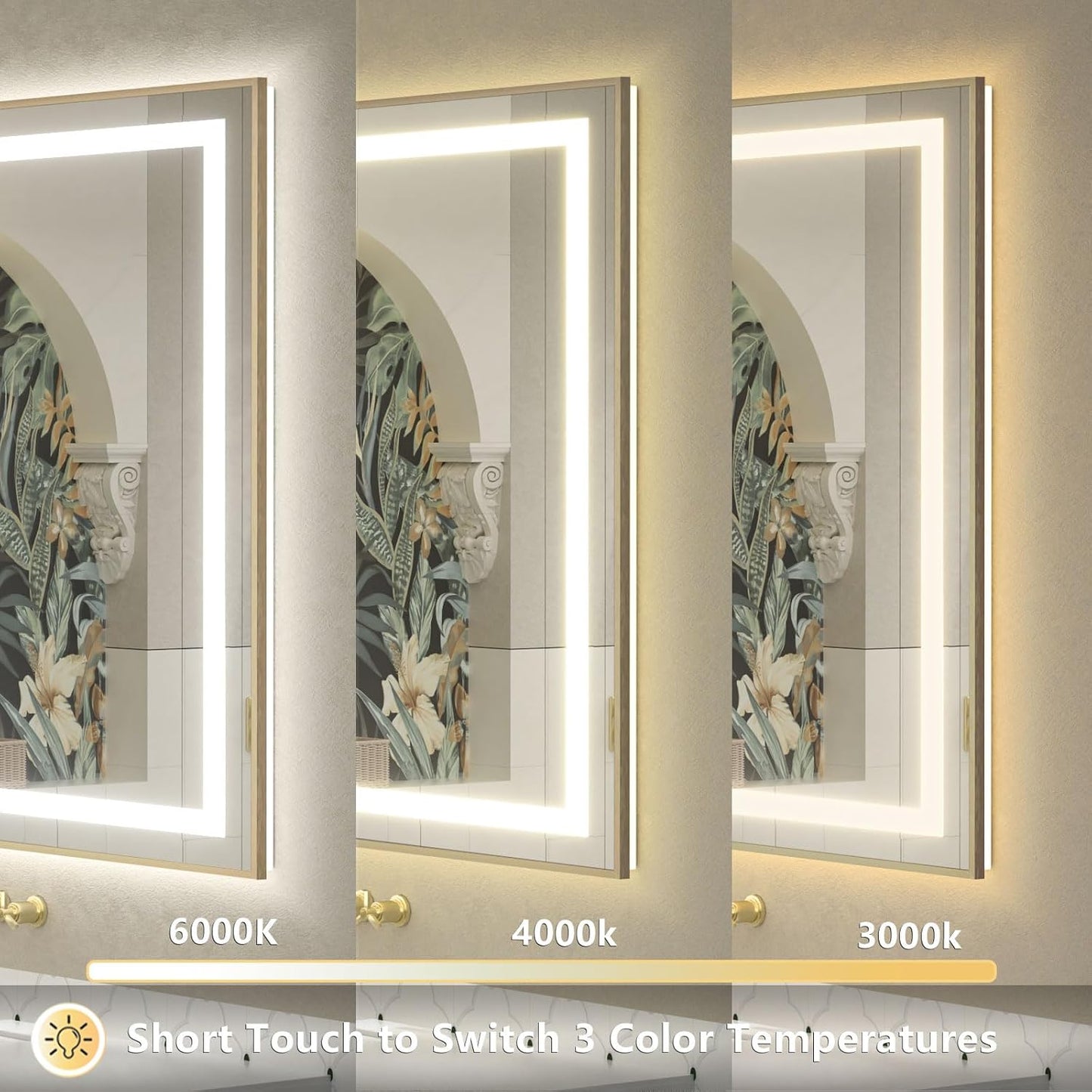 OKPAL 72x40 LED Bathroom Mirror Gold Metal Framed Front & Back Light, Lighted Bathroom Mirror with Lights, Anti-Fog, Dimmable, 3 Colors, Shatterproof, ETL Listed, Horizontal/Vertical