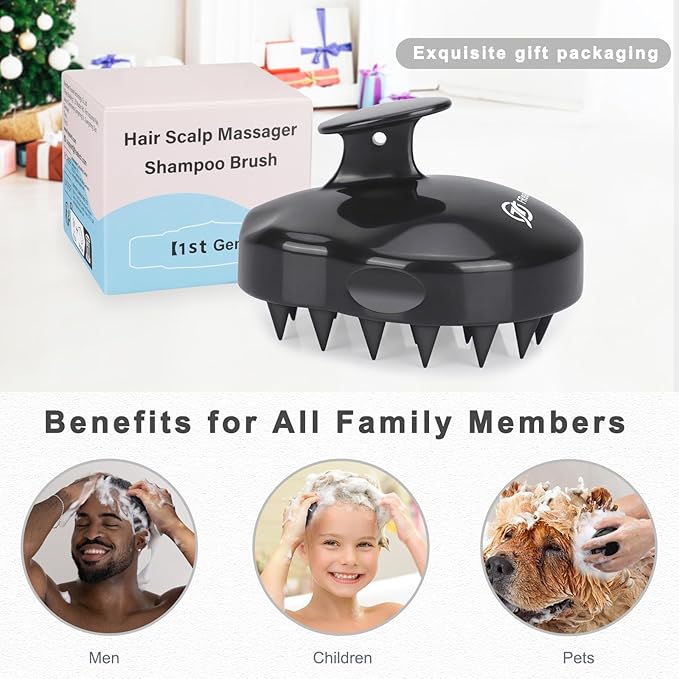 FREATECH Scalp Scrubber Scalp Massager Hair Growth, Shower Shampoo Brush with Silicone Bristles for Dandruff Removal and Hair Care, Wet & Dry Hair Massager Scalp Exfoliator for Men Women Kids，Black