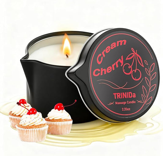 TRINIDa Low Temperature Massage Oil Candle 2.35oz - Soy Wax & Coconut Oil Blend, Moisturizes Skin,Stress Relief, Couples Massage & Home SPA, Romantic Gift Massage Scented Candle (Cream Cherry Scent)
