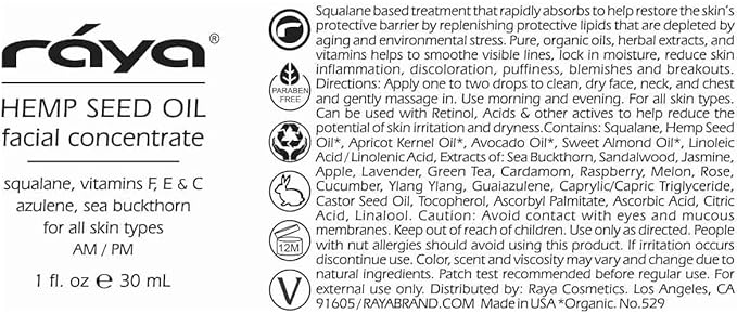 Raya Hemp Seed Facial Oil Serum (529) | for Sensitive and Oily Skin Types, Nourishing, Moisturizing & Revitalizing, Instantly Hydrates Acne-Prone, Vegan & Non-GMO Skincare, Fast-Absorbing - 30 ml