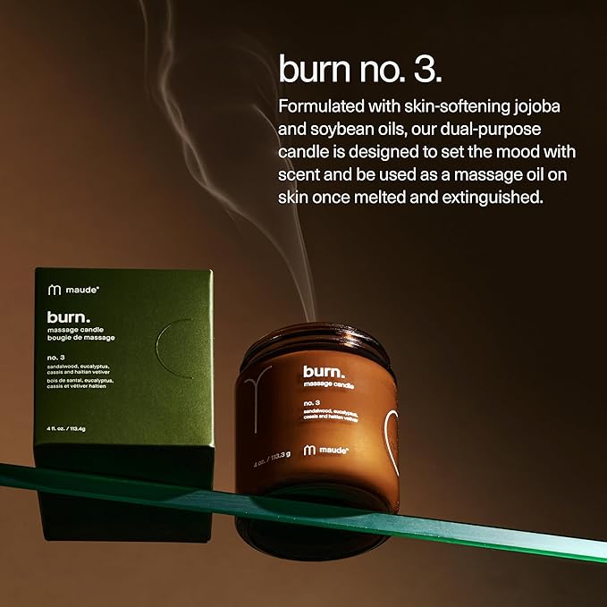 Maude Burn No. 3 - Hydrating + Skin-Softening Soybean + Jojoba Oil Massage Candle - Soothing Warm Massage Oil Candle with Notes of Eucalyptus + Sandalwood - Relaxing Self Care Gifts (4 oz)