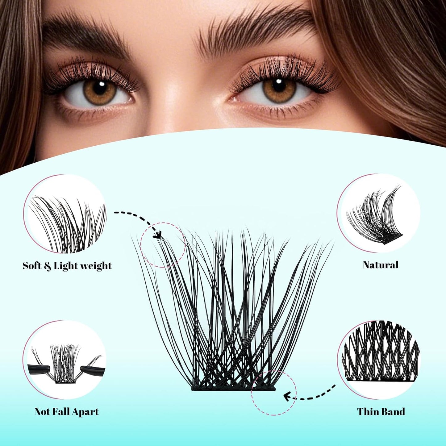 Wispy Lash Clusters Eyelash Extensions 144pcs Individual Lashes Cluster 10mm D Curl Fake Eyelash with Thin Band DIY Cluster Lashes At Home For Beginners (D-10mm) - Glowelle