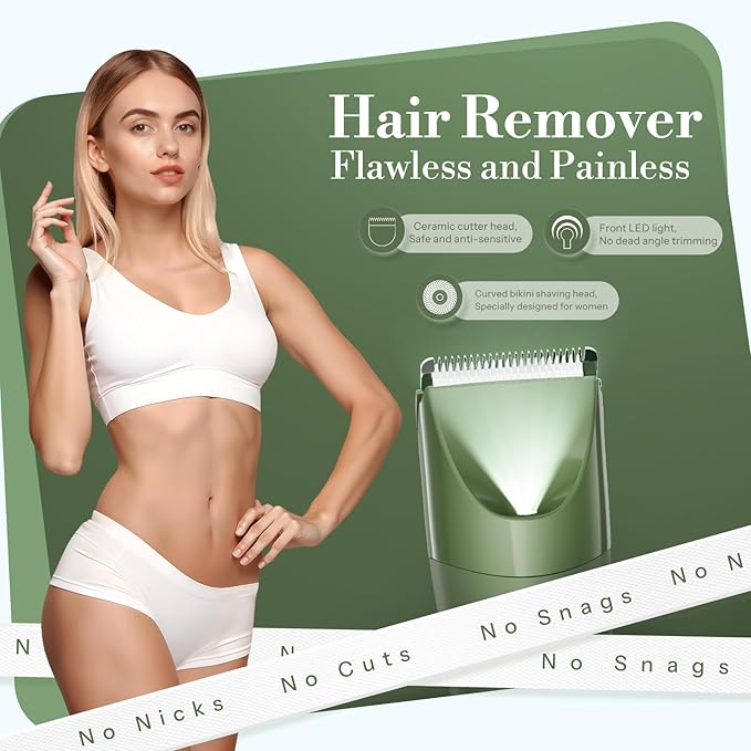 Flyant Bikini Trimmer for Women, 2 in 1 Electric Shaver for Women, Pubic Hair Trimmer Waterproof IPX7 with Led Display for Leg Arm Underarm Bikini Area, Pull Bows Gift Box for Friends (Dark Green)