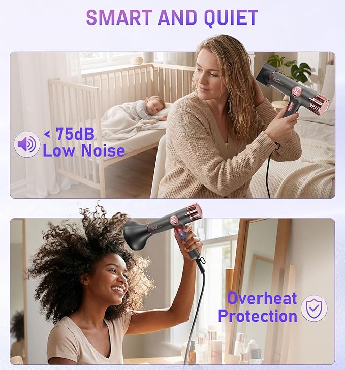 FMZ Professional Hair Blow Dryer with Diffuser, 1875W High Speed Brushless Motor for Fast Drying, Smart Display, Portable Small Light weight Low Noise, Curly Ionic Blowdryer for Women Men Salon Travel