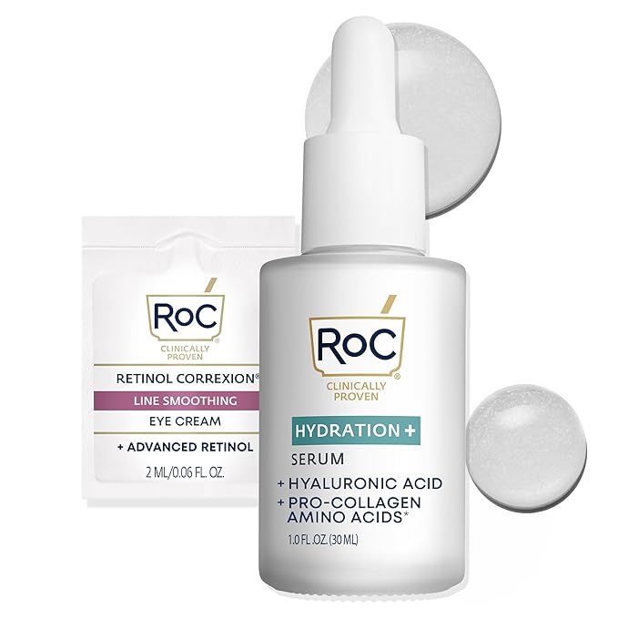 RoC Hydration+ Hyaluronic Acid Serum for Face, Hydrating, Plumping, Fragrance Free, Lightweight Formula with Collagen Proteins (1 Ounce) with Retinol Eye Cream Packette