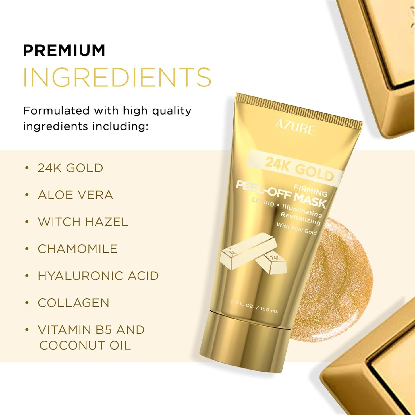 24K Gold Firming Peel Off Face Mask – Removes Blackheads, Dirt & Oils | Firms Lifts & Moisturizes | Reduces Wrinkles, Fine Lines & Acne Scar - 150mL