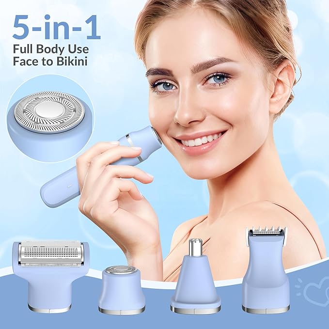 KINGTEE 5-in-1 Electric Bikini Trimmer for Women – IPX7 Waterproof Shaver, Cordless Body & Facial Razors for Women, Ceramic Blades, USB-C Rechargeable, Painless Hair Removal Kit (Blue)