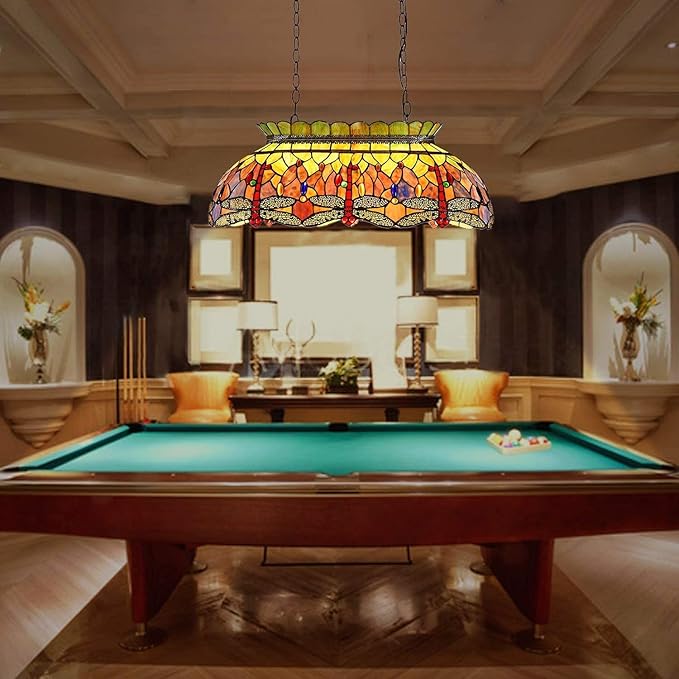 Capulina Tiffany Lamp Stained Glass Pool Table Light Chandelier 3-Light 28 Inches Wide Vintage Red Dragonfly Tiffany Style Pendant Light Decor for Billiards Room Dining Room Kitchen Island Bar