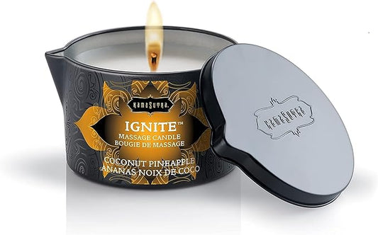 KAMA SUTRA Ignite Coconut Pineapple 6 oz Massage Candle - Coconut Oil and Soy Based, Melts into a Warm Oil, Couples, Pour Spout Candle