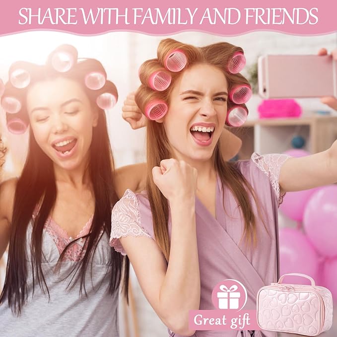 Obeoby 4 Sizes Hair Rollers with Gift Makeup Bag, Easter Gifts Rollers Hair Curlers for Long, Short Hair and Bangs, Birthday Pink Gifts Easter Basket Stuffers for Women Girls
