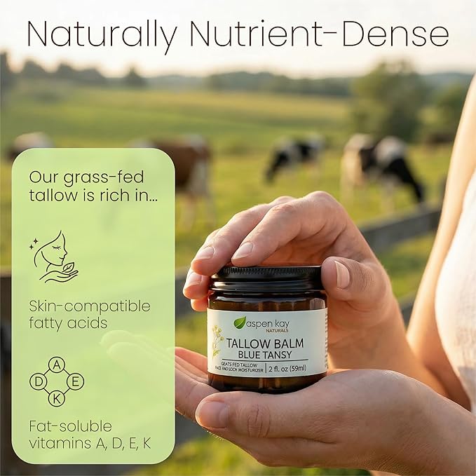 Aspen Kay Naturals Handmade 100% Grass Fed Beef Tallow Balm for Skin Care, With Organic Jojoba Oil + Chamomile (Blue Tansy) Organic Body Butter - 2 fl. oz. Made in USA