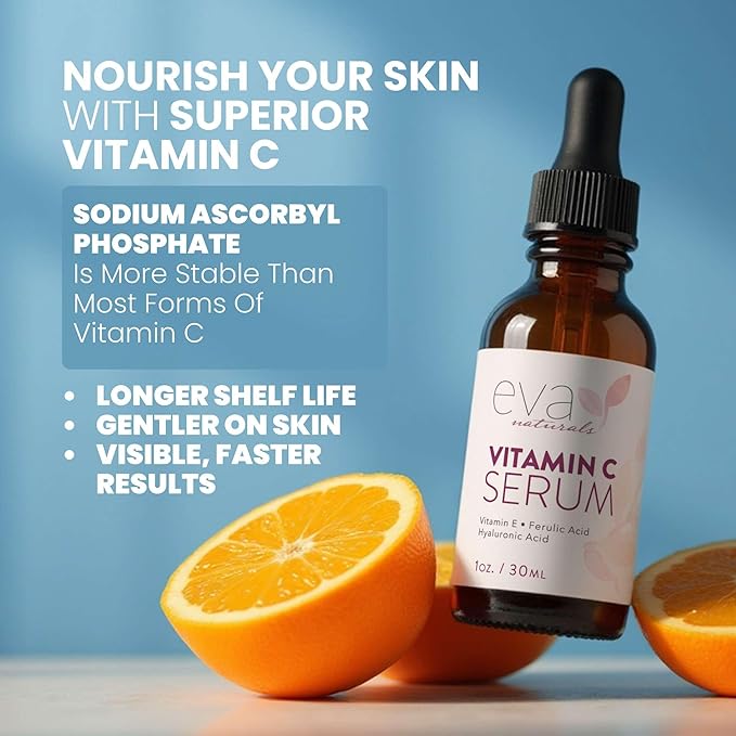 Eva Naturals Vitamin C Serum for Face - 20% Vit C with Hyaluronic Acid, Ferulic Acid & Vitamin E - Facial Serum for Dark Spots, Acne, Anti Aging, Glow & Even Skin Tone, 1 oz