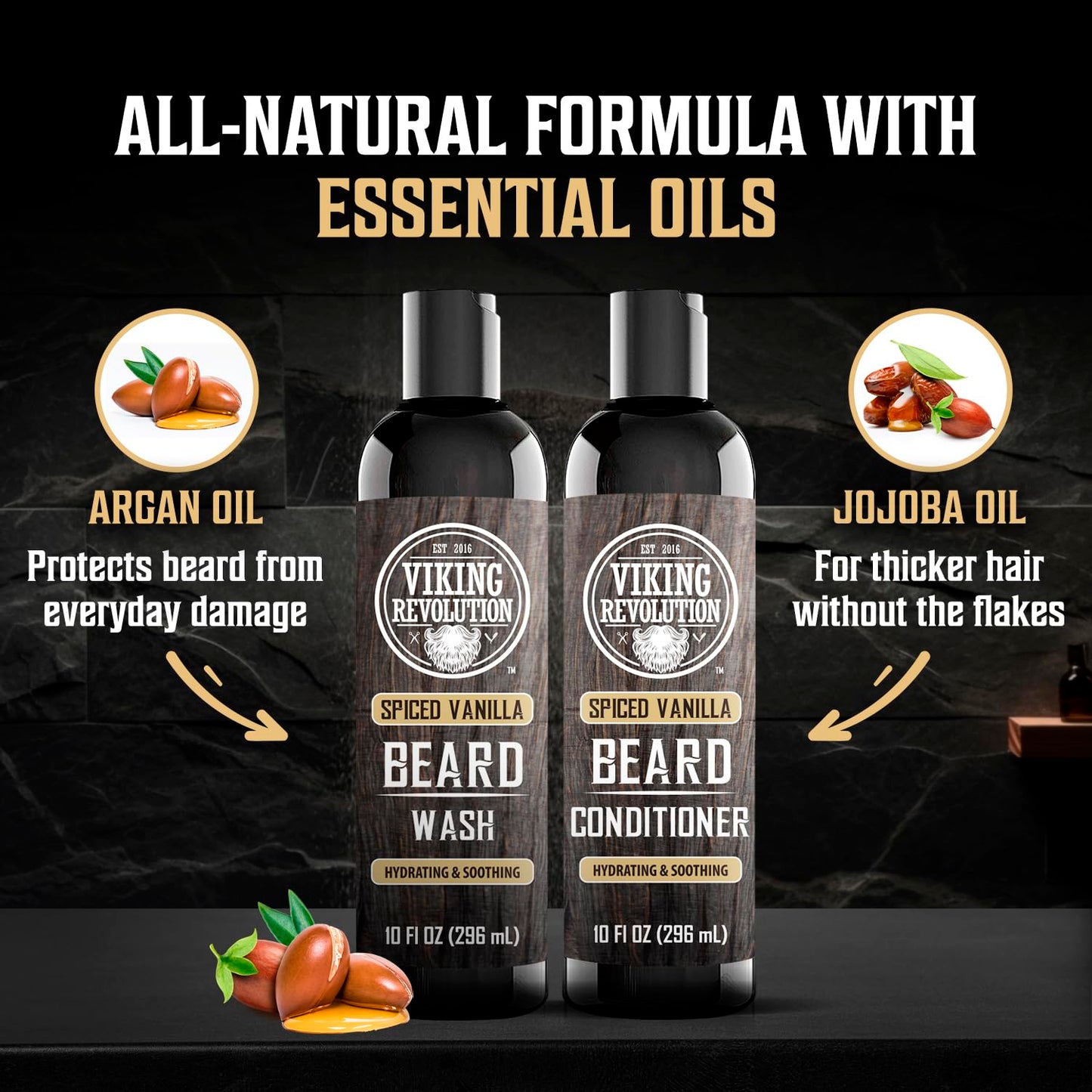 Viking Revolution Beard Wash and Beard Conditioner for Men with Argan Oil and Jojoba Oil - Beard Softener and Strengthener Beard Care Beard Shampoo and Conditioner with Beard Oil (10oz,Spiced Vanilla)