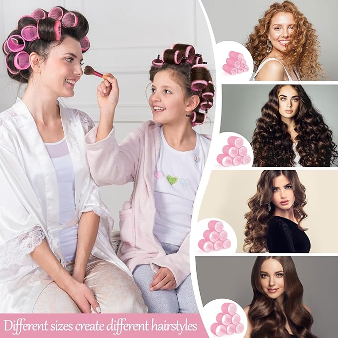 Obeoby 4 Sizes Hair Rollers with Gift Makeup Bag, Easter Gifts Rollers Hair Curlers for Long, Short Hair and Bangs, Birthday Pink Gifts Easter Basket Stuffers for Women Girls