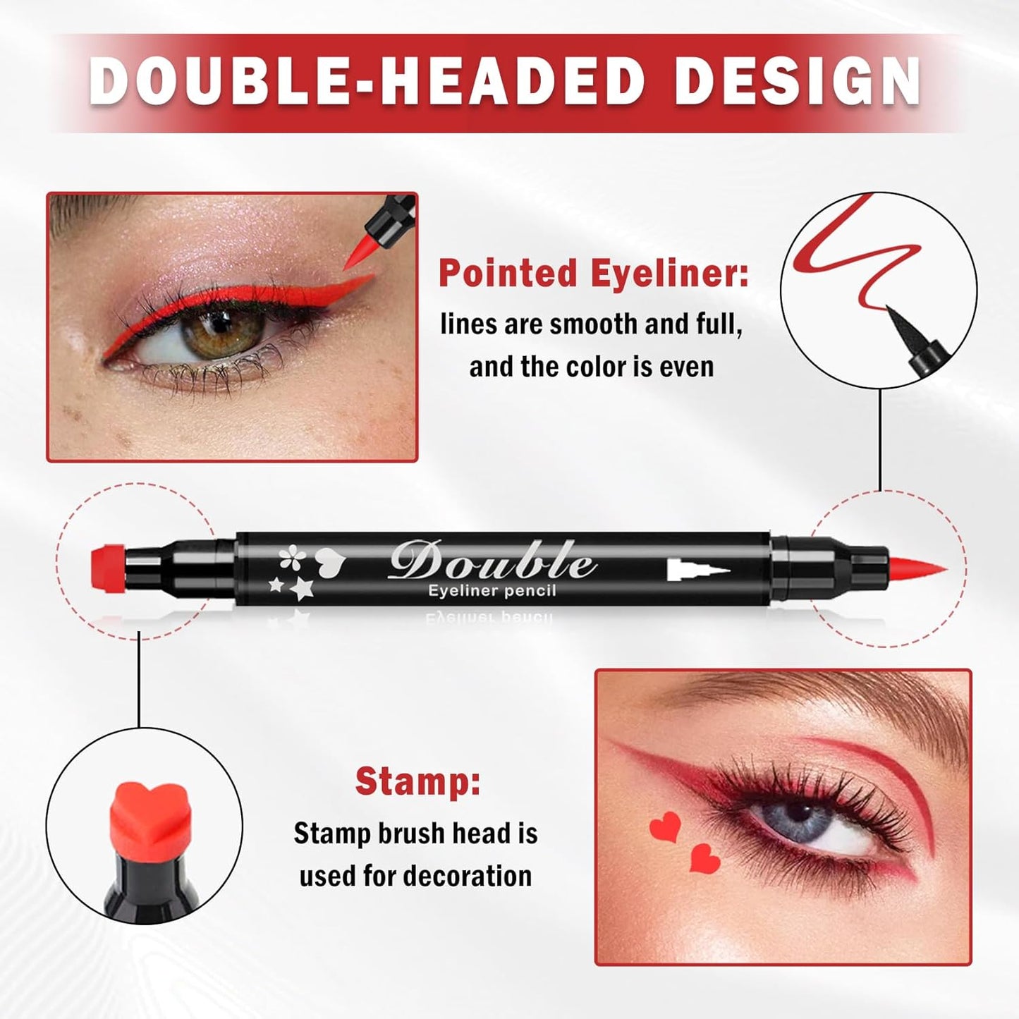 2PCS Double-headed Eyeliner Stamp Pencil Black and Red Liquid Winged Eyeliner Stamp Pen Waterproof Smudgeproof Eye Liner Stamp for Eye Makeup(Star)