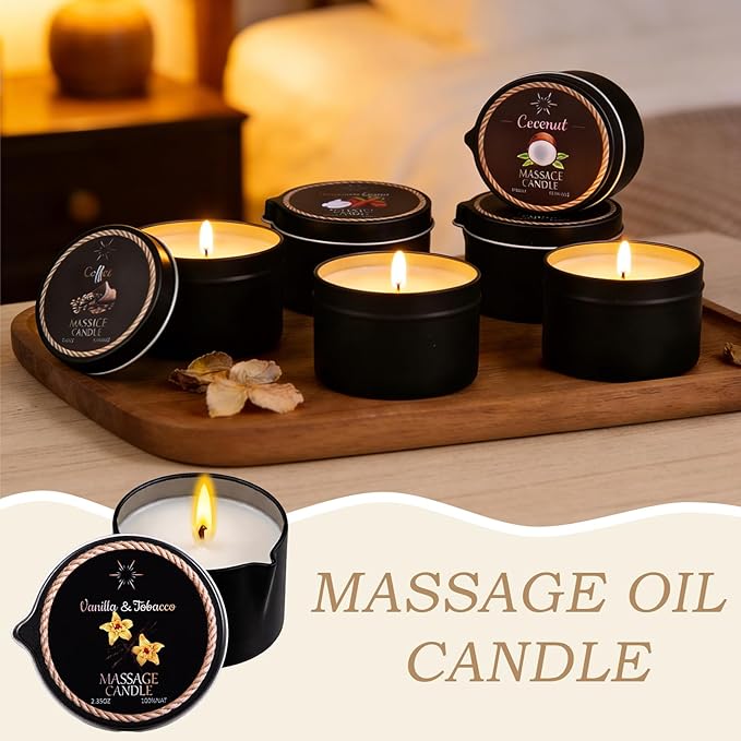 6 Pack Low Temperature Massage Oil Candle Set (2.35 oz Each) - Soy Wax Candles That Melt into Skin-Nourishing Body Oil, 6 Assorted Scents for Home Spa, Massage Therapy, Relaxation, Self-Care & Festive