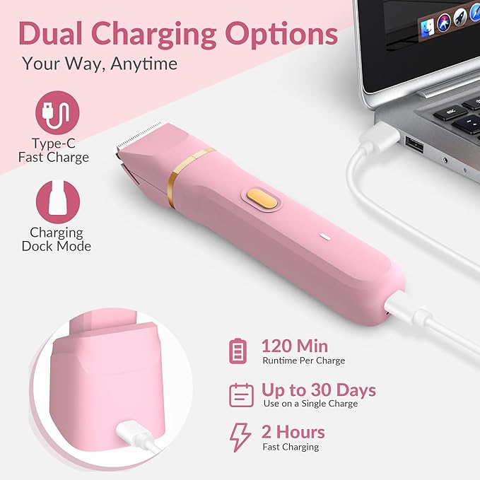 KINGTEE 5-in-1 Electric Bikini Trimmer for Women – IPX7 Waterproof Shaver, Cordless Body & Facial Razors for Women, Ceramic Blades, USB-C Rechargeable, Painless Hair Removal Kit (Pink)