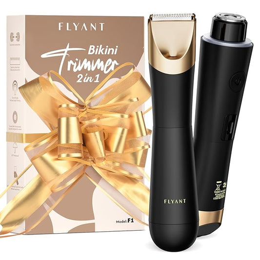 Bikini Trimmer for Women, 2 in 1 Electric Shaver for Women, Bikini RazorWaterproof IPX7 with LED, Pubic Hair Trimmer for Leg Arm Underarm Bikini Area, Pull Bows Gift Box for Friends(Black Gold)