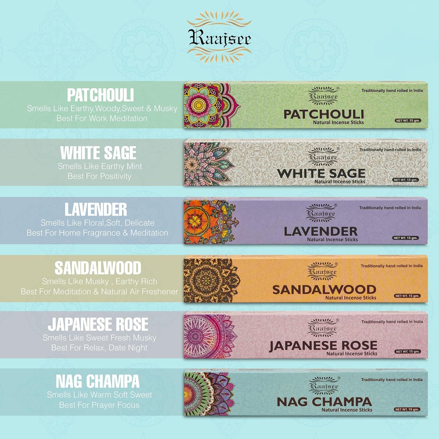 raajsee Incense Sticks 6 Pack Variety Set 15gm Each, Nag Champa- Jasmine - vanila-Japanese Rose-White Sage,100% Organic Hand Rolled- Perfect for Yoga, Meditation,Aromatherapy - Glowelle