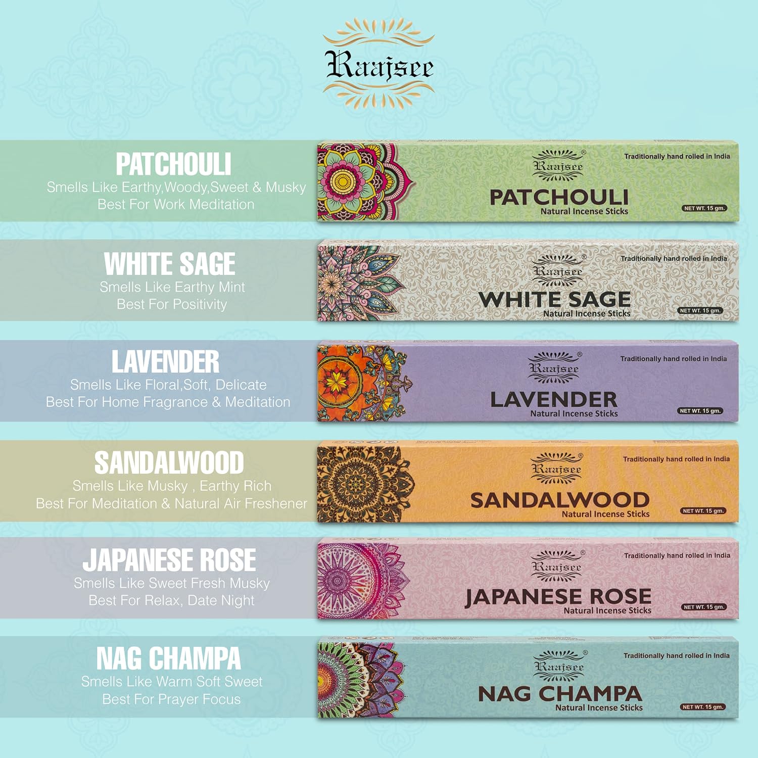raajsee Incense Sticks 6 Pack Variety Set 15gm Each, Nag Champa- Jasmine - vanila-Japanese Rose-White Sage,100% Organic Hand Rolled- Perfect for Yoga, Meditation,Aromatherapy - Glowelle