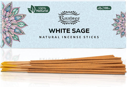 Raajsee White Sage Incense Sticks, 100%-Natural Charcoal Free Organic Non Toxic Clean Burning Handmade Insence Sticks 100 gm Pack, Meditation Gifts – Spritual Cleansing - Glowelle