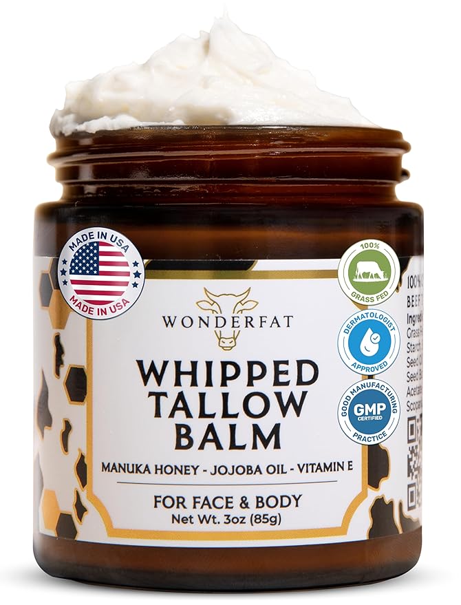 Grass-Fed Whipped Tallow Balm, Face and Body Moisturizer with Manuka Honey, Fragrance Free Tallow Moisturizer for Sensitive Skin, Lightweight Tallow Cream, 3 oz