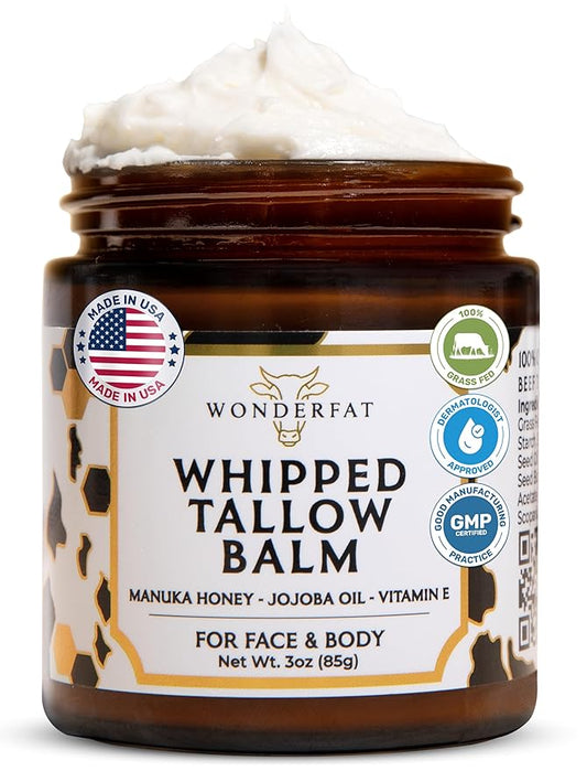 Grass-Fed Whipped Tallow Balm, Face and Body Moisturizer with Manuka Honey, Fragrance Free Tallow Moisturizer for Sensitive Skin, Lightweight Tallow Cream, 3 oz