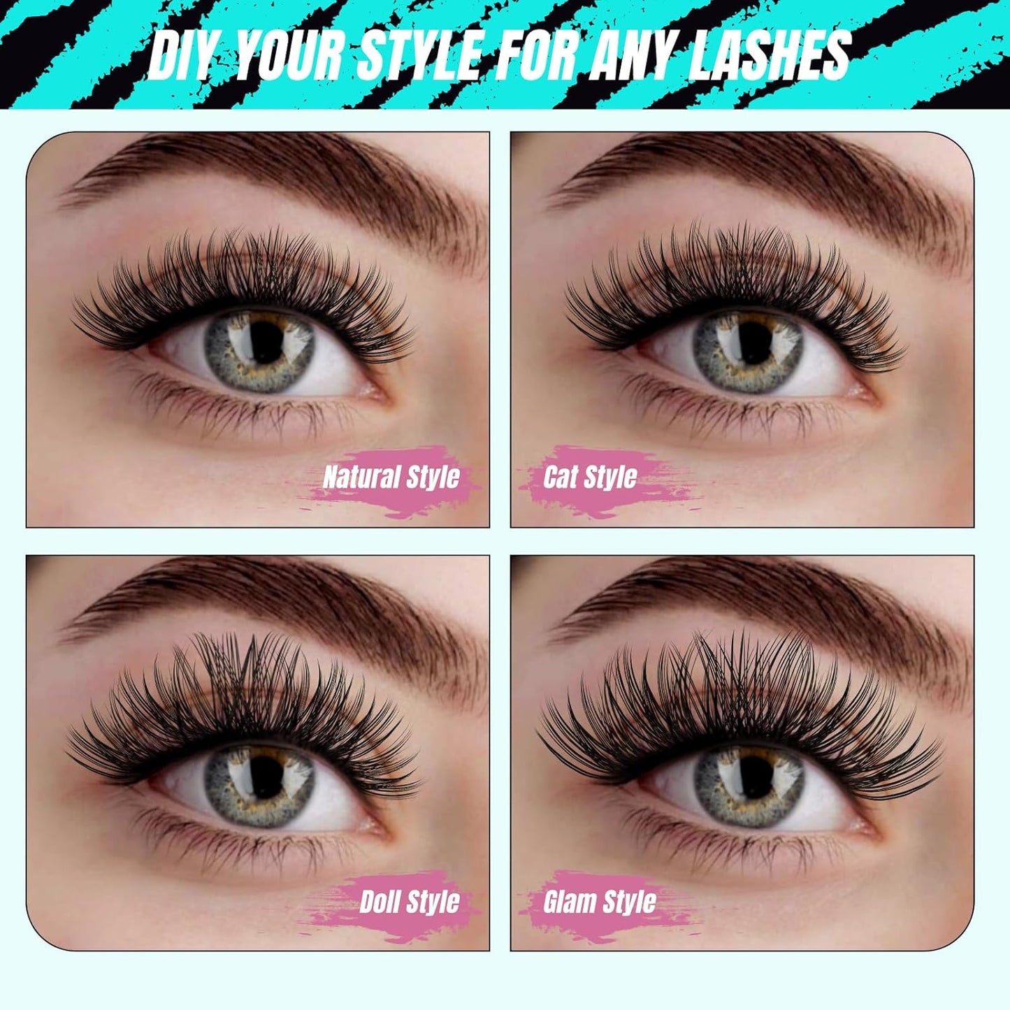 AMZGIRL LASH Midnight DIY Lash Extension Kit, 144 pcs Eyelash Clusters Kit Lash Bond and Seal, Lash Glue Remover and Applicator for Individual False Eyelashes Kit Lash Extensions(D-Mix 8-16mm Kit) - Glowelle