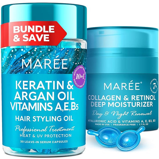MAREE Bundle - Hair Styling Capsules & Face Moisturizer Collagen Cream - Keratin, Jojoba & Argan Oil, Hyaluronic Acid & Retinol - Leave-in Anti Frizz Conditioner & Anti Aging Face Cream with Vitamins