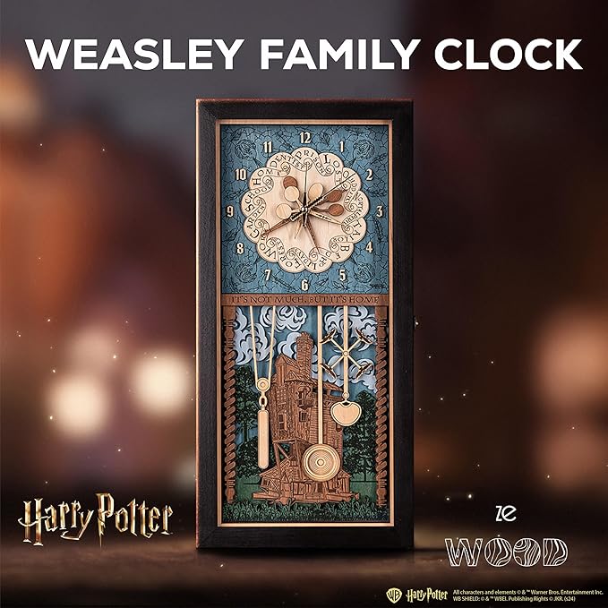 ZE WOOD Weasley Family Harry Potter 3D Wall Clock - Collectible Reddish Brown Wooden Clock, Silent Large Modern Rustic Decorative Home Decor for Harry Potter Fans, Mother's Day Gift (3 spoons, XL)