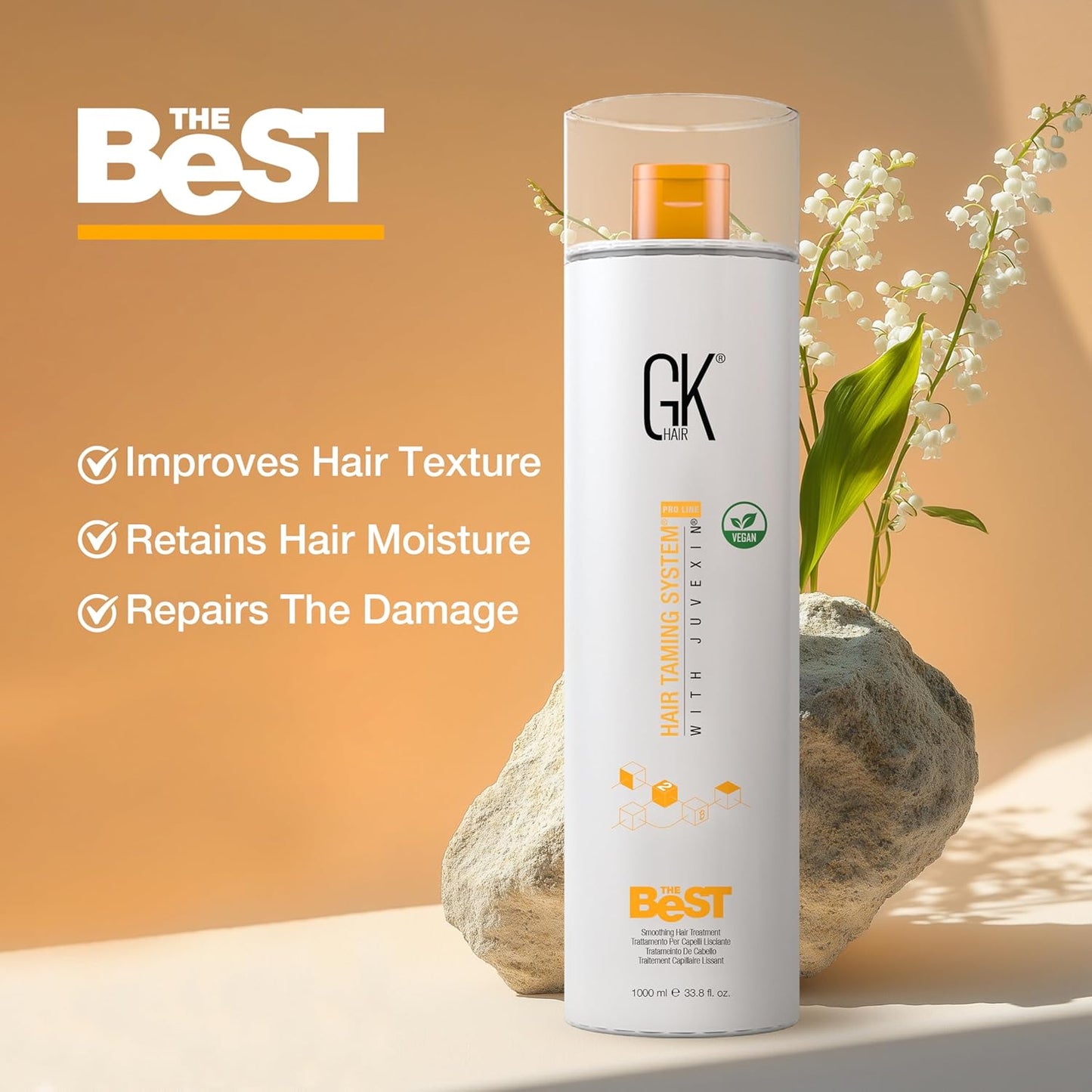 GK HAIR Global Keratin The Best (33.8 Fl Oz/1000ml) Smoothing Keratin Hair Treatment - Professional Brazilian Complex Blowout Straightening For Silky Smooth & Frizz Free Hair - Glowelle