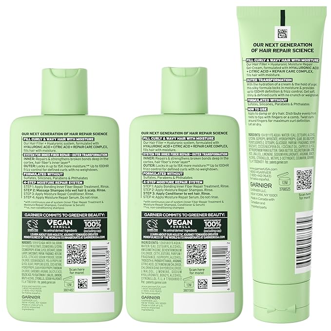 Garnier Fructis Hair Filler Moisture Repair Shampoo and Conditioner + Gel-Cream Set, Hair Care for Curly, Wavy Hair with Hyaluronic Acid, 3 Items, 1 Kit