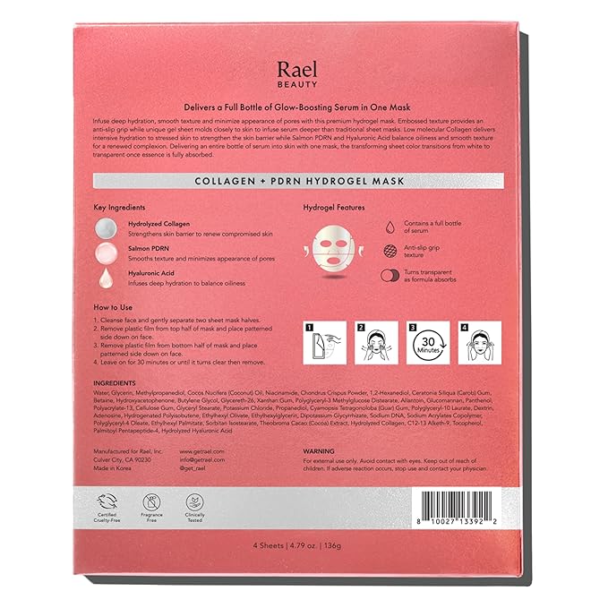 Rael Face Mask – Deep Hydration & Moisturizing Sheet Masks, Daily Skincare, Advanced PM Routine for Glowing Skin, Korean Skin Care (Collagen Salmon PDRN, 4 Count)