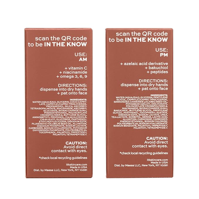 ITK Skincare 2-Part Face Serum Set for Brightening Skin, Correcting Dark Spots + Reducing Fine Lines - Vitamin C AM Face Serum with Light Niacinamide + Clarifying Peptides PM Face Serum with Bakuchiol