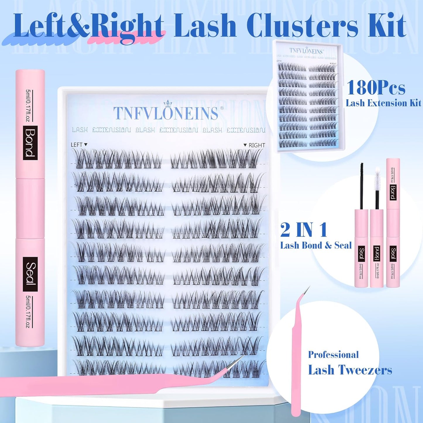 Wispy Lash Extension Kit Natural Lash Clusters 180Pcs Individual Lashes Clusters Kit Natural Eyelash Extension Kit C Curl Cluster Eyelash Extensions with Bond and Seal and Tweezers by TNFVLONEINS - Glowelle