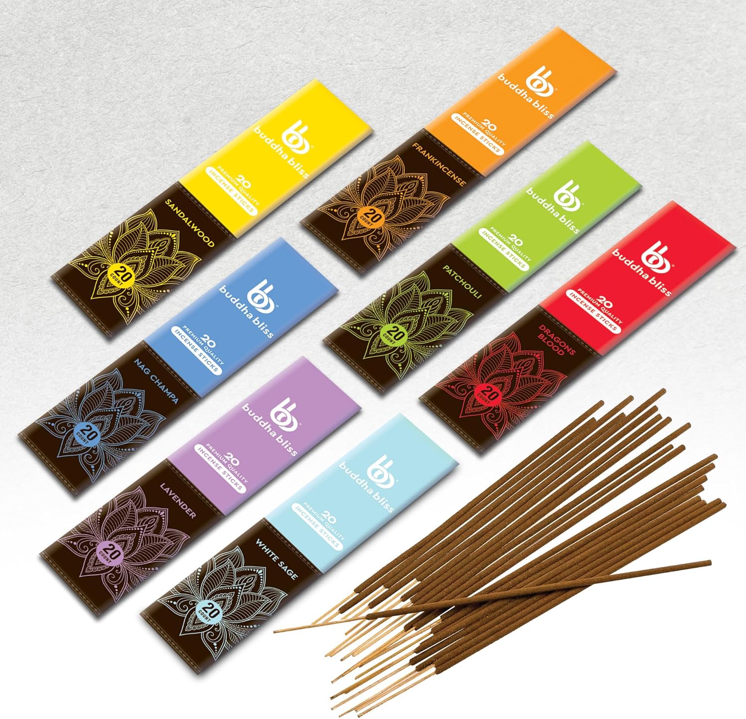 Mecka Buddha Bliss Incense Sticks - Set of 7 | 140 Sticks for Aromatherapy & Relaxation - Nag Champa, Frankincense, Sandalwood, White Sage Inscent | Natural Non Toxic Premium Long Burn Insenses - Glowelle