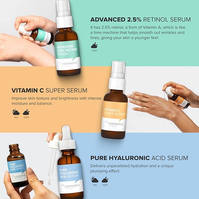Cosmedica Skincare Facial Serum Trio Set Value for Clear Skin - Vitamin C Super Serum, 2.5% Retinol Serum, Pure Hyaluronic Acid Serum – Vegan, Cruelty-Free Skincare 6 pack