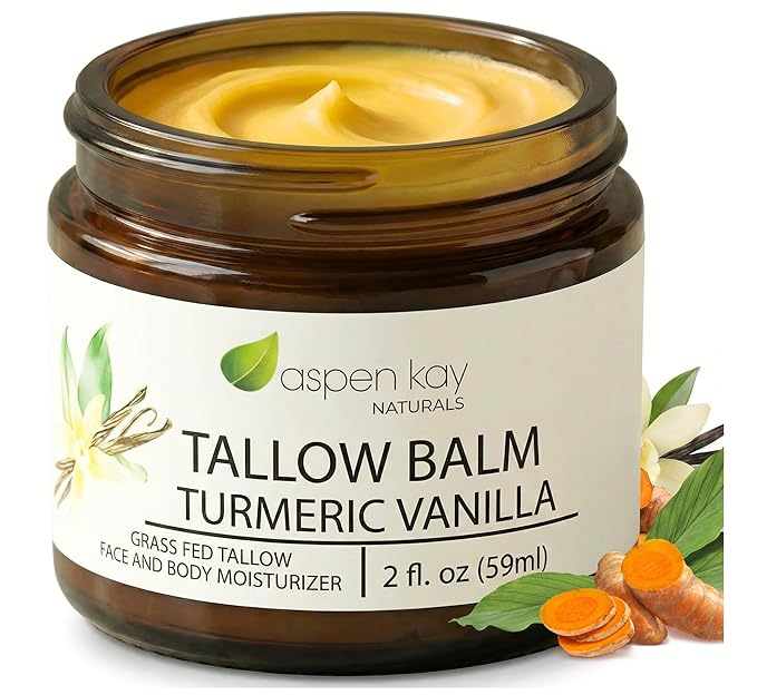 Aspen Kay Naturals Handmade 100% Grass Fed Beef Tallow Balm for Skin Care, Organic Turmeric Moisturizer + Vitamin C (Turmeric Vanilla) Organic Body Butter - 2 fl. oz. Made in USA